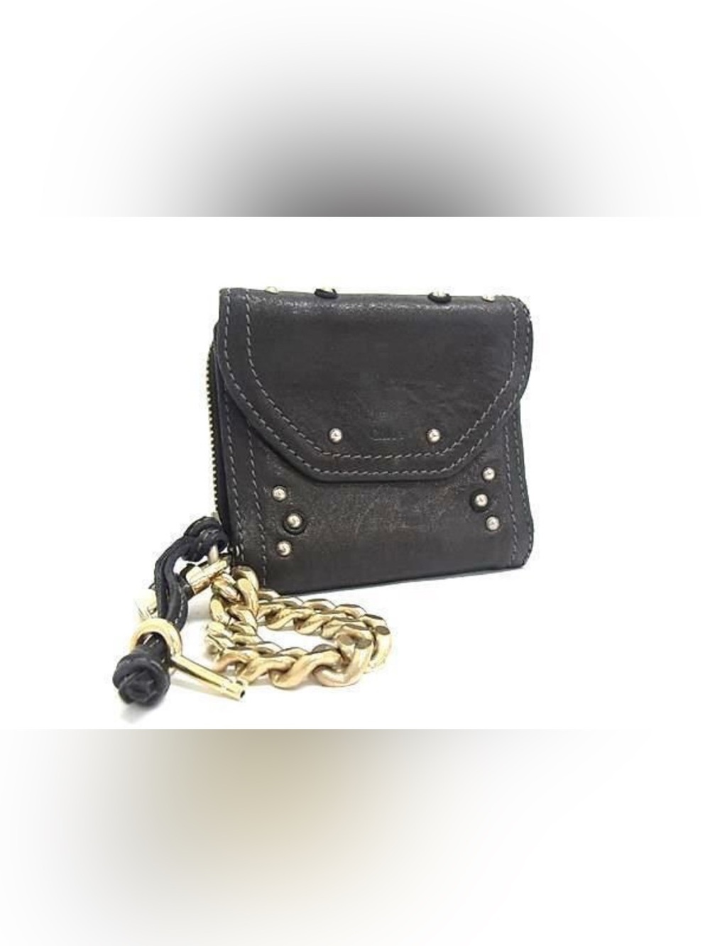 CHLOE Black Leather Studded Wallet with Gold Chain